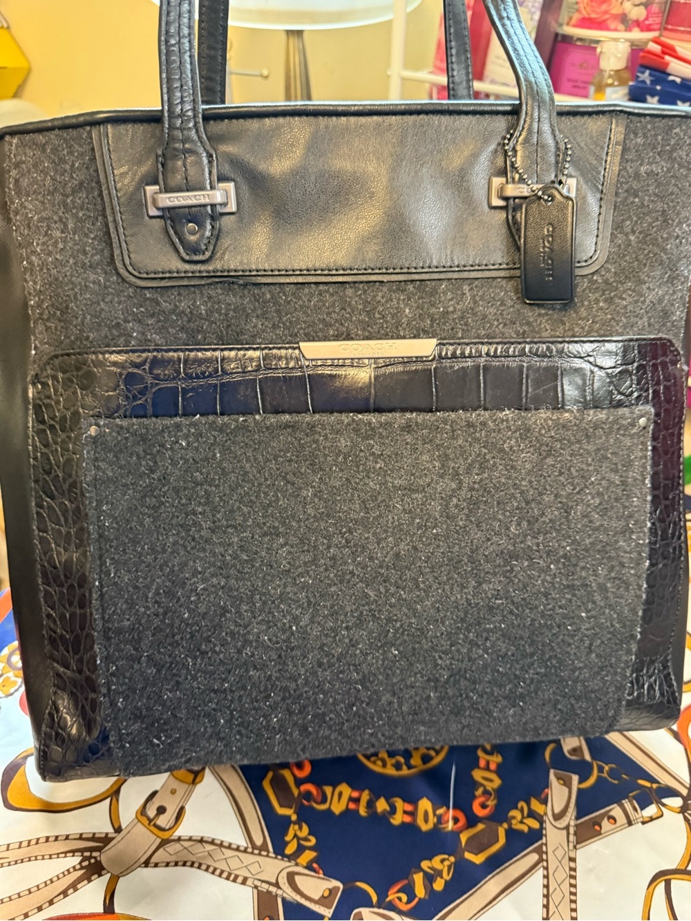 Coach Taylor Wool Croc Bowler Satchel Charcoal Wool Black Leather Croc Trim Tote